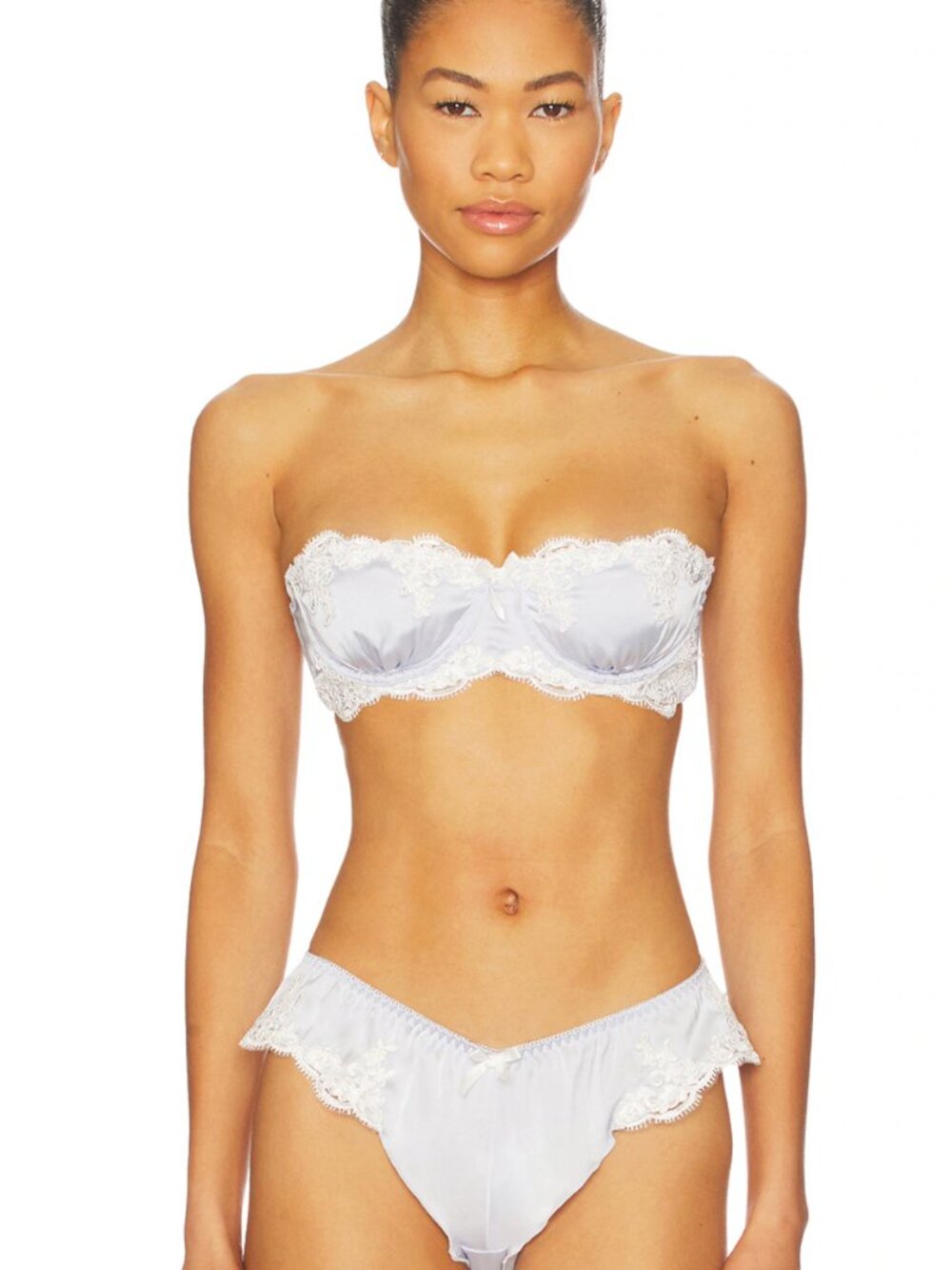 NEW KAT THE LABEL Jean Underwire Bra in Cinderella Light Blue Satin & White Lace